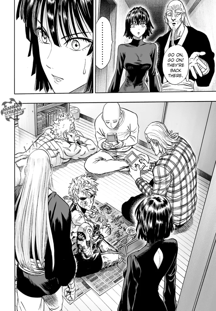 Fubuki sees Genos, Bang, and King inside Saitama's apartment.