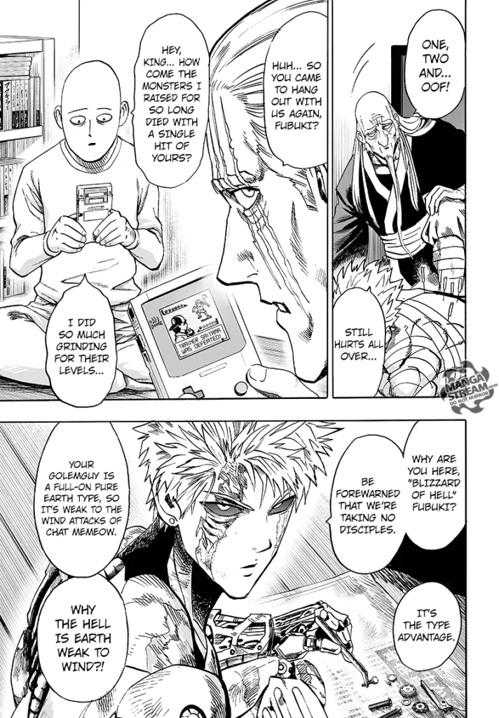 Bang and Bomb sit, Saitama and King play video games, and Genos tells Fubuki they are not taking any disciples.