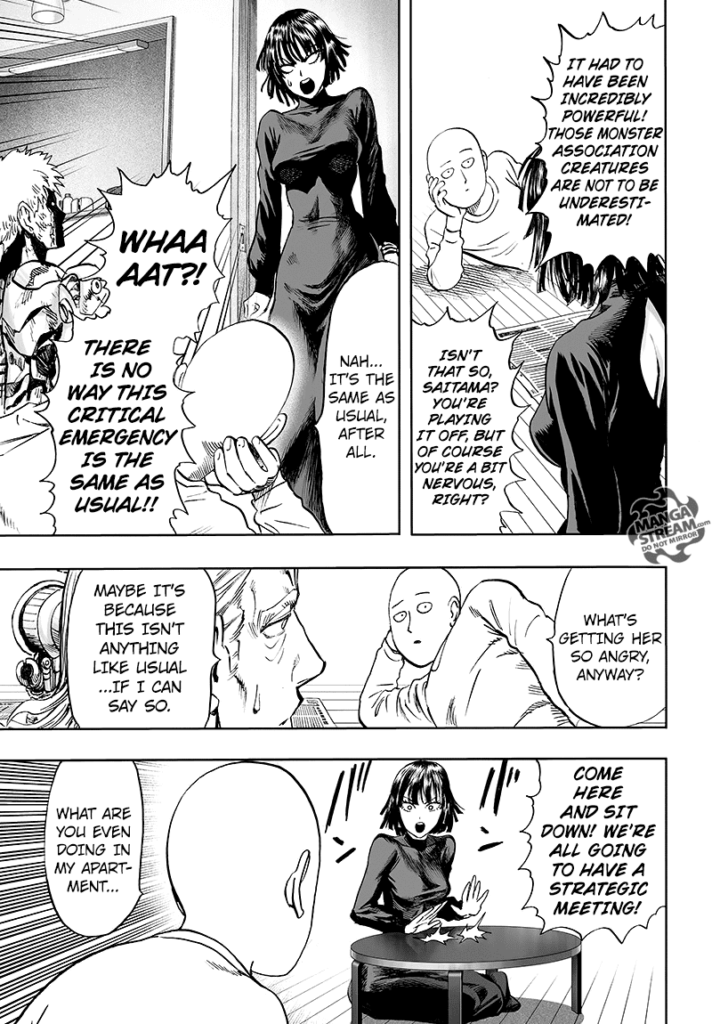 Fubuki explains about the powerful monsters and invites Saitama to sit down and have a strategic meeting.