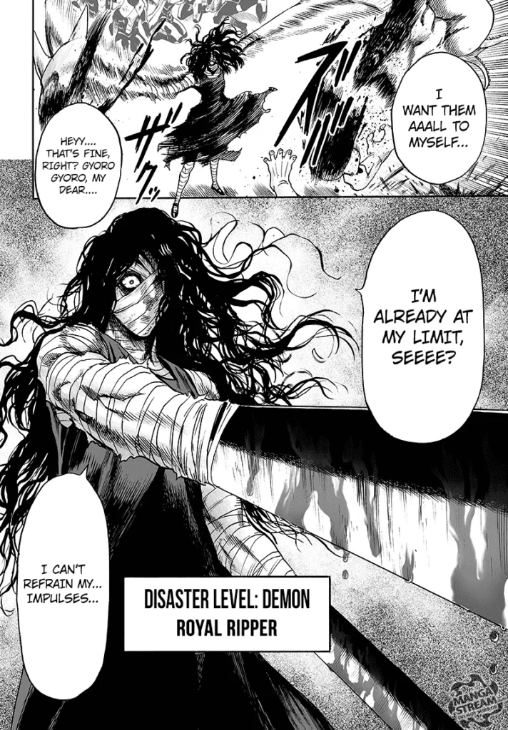 The monster has long hair with long blades as hands. He is a Disaster Level Demon called Royal Ripper.