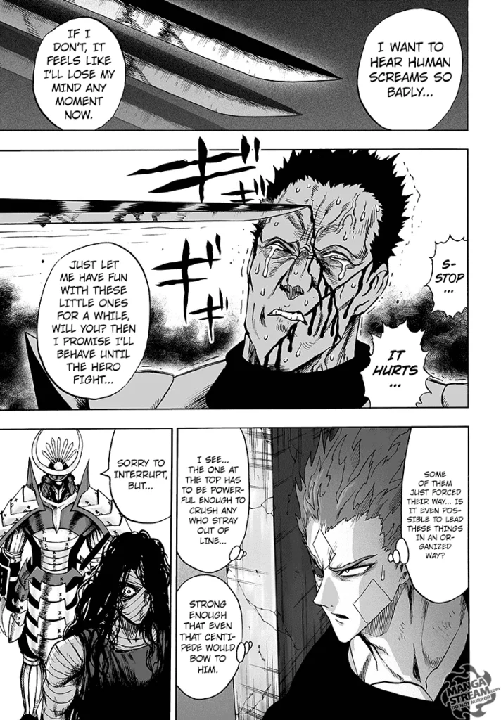 One of the male captives cries as a blade is pointed at his face by Royal Ripper. G5 interrupts him while Garou observes.
