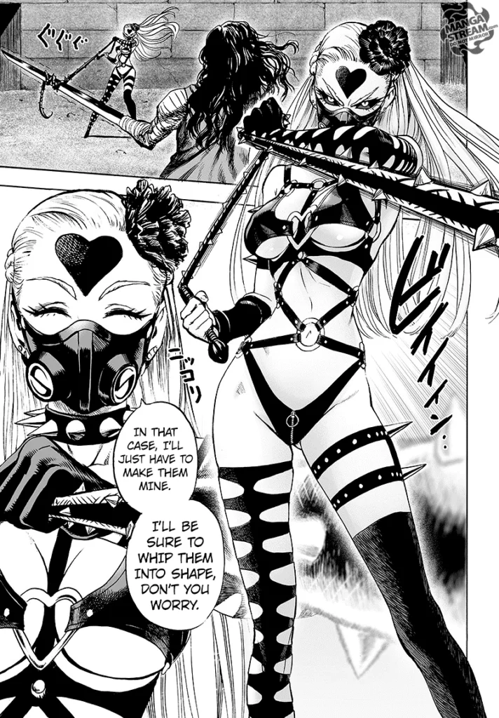 Super S appears while entangling Royal Ripper's katana. She wants to whip the captives.