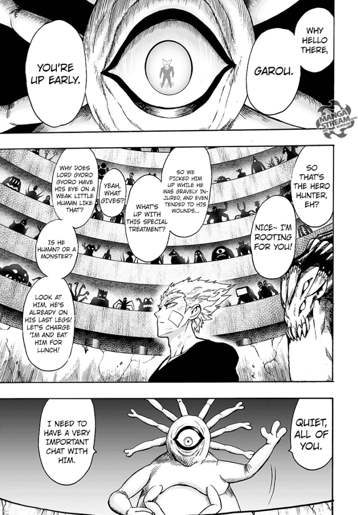 Gyoro-Gyoro looks at Garou and welcomes him while the other monsters have mixed reactions.