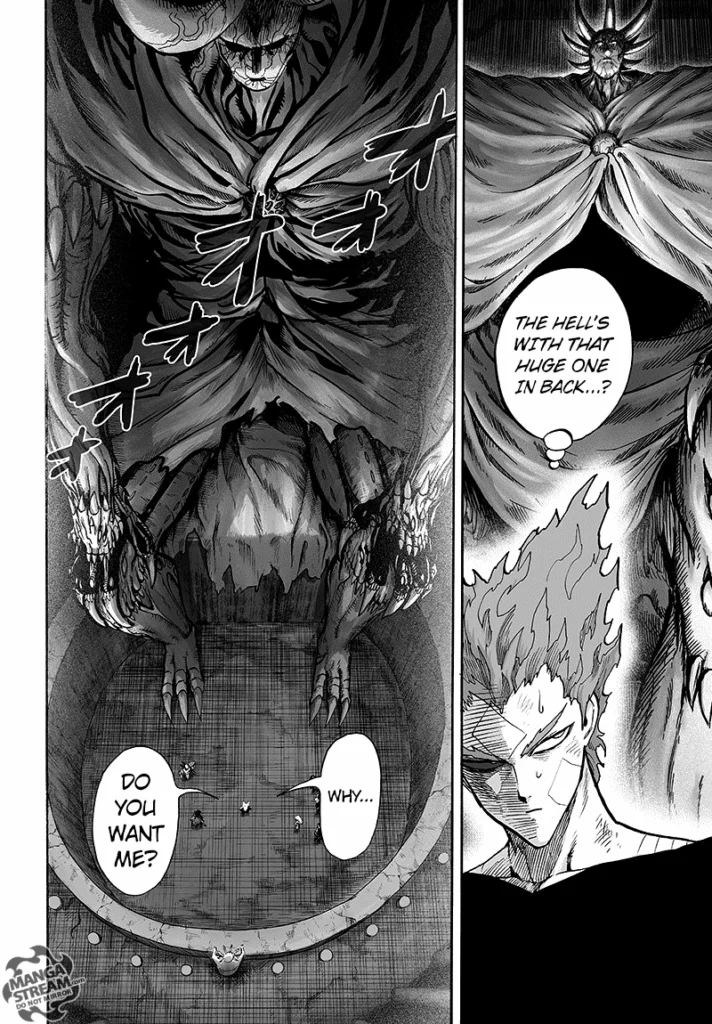 Garou notices the giant Monster King sitting behind him.