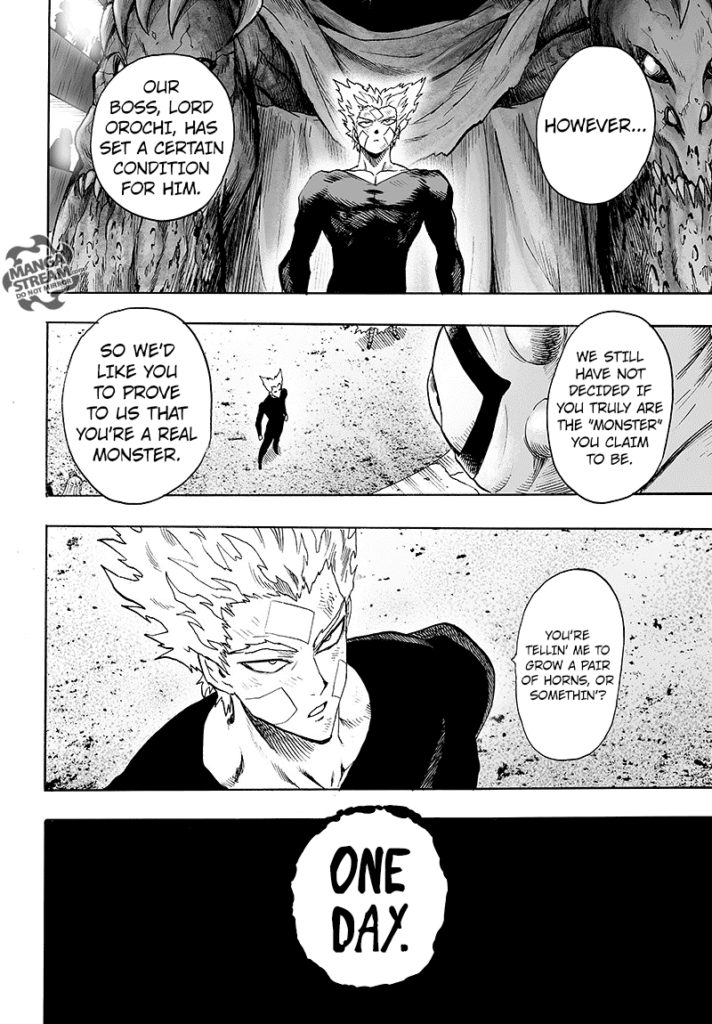 Gyoro-Gyoro asks Garou, who stands in below him, to prove he's a real monster.