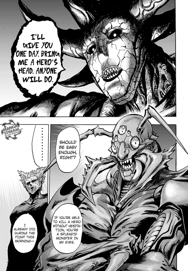 Monster King Orochi tells Garou to bring a hero's head in one day to which Garou said he already did.