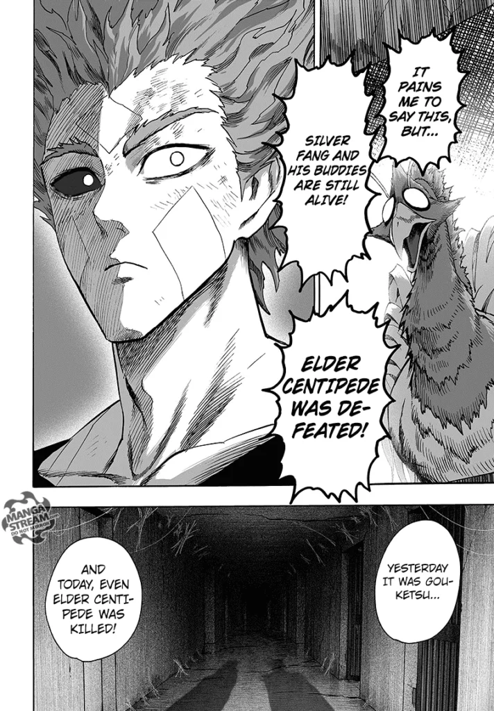 The monster bird informs Garou that Silver Fang and his buddies are alive while Elder Centipede is defeated.