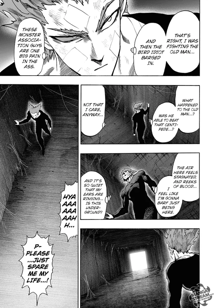 Garou walks into a dark, empty hall and sees a light at the end of it while thinking about the previous events.