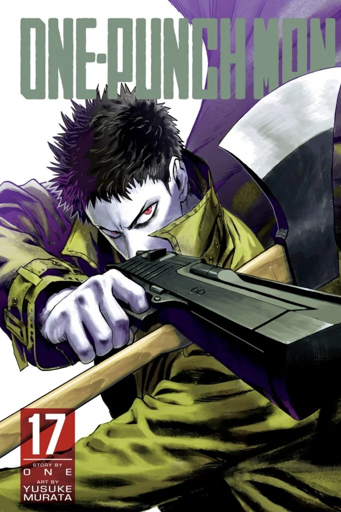 Color page of Zombieman pointing his gun in one hand and his axe in the other hand.