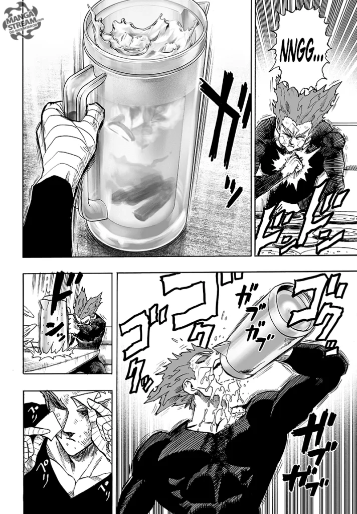 Garou drinks a whole pitcher of water.