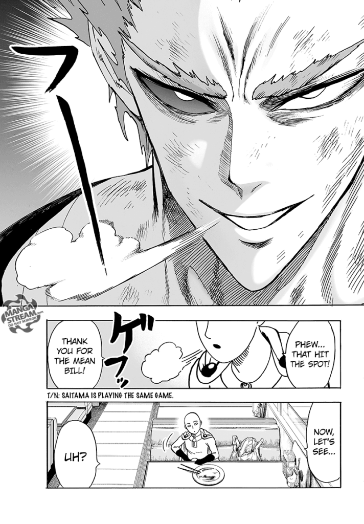 Garou looks satisfied while Saitama also eats in the same restaurant.