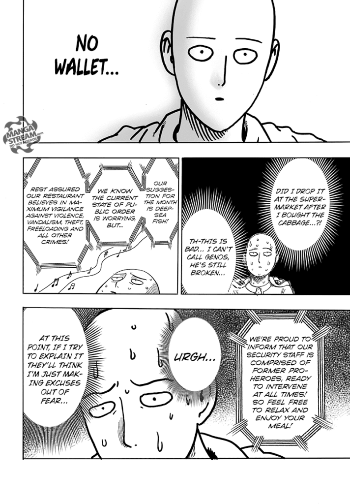 Saitama realizes he has no wallet and starts sweating nervously.