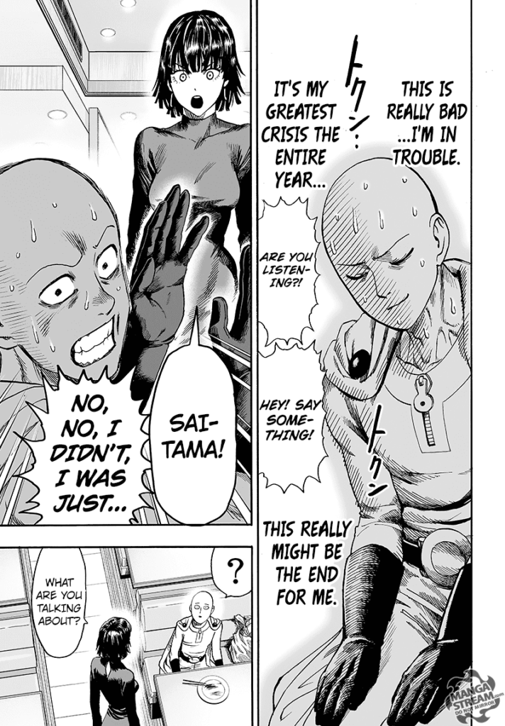 Saitama looks nervous while Fubuki calls him.