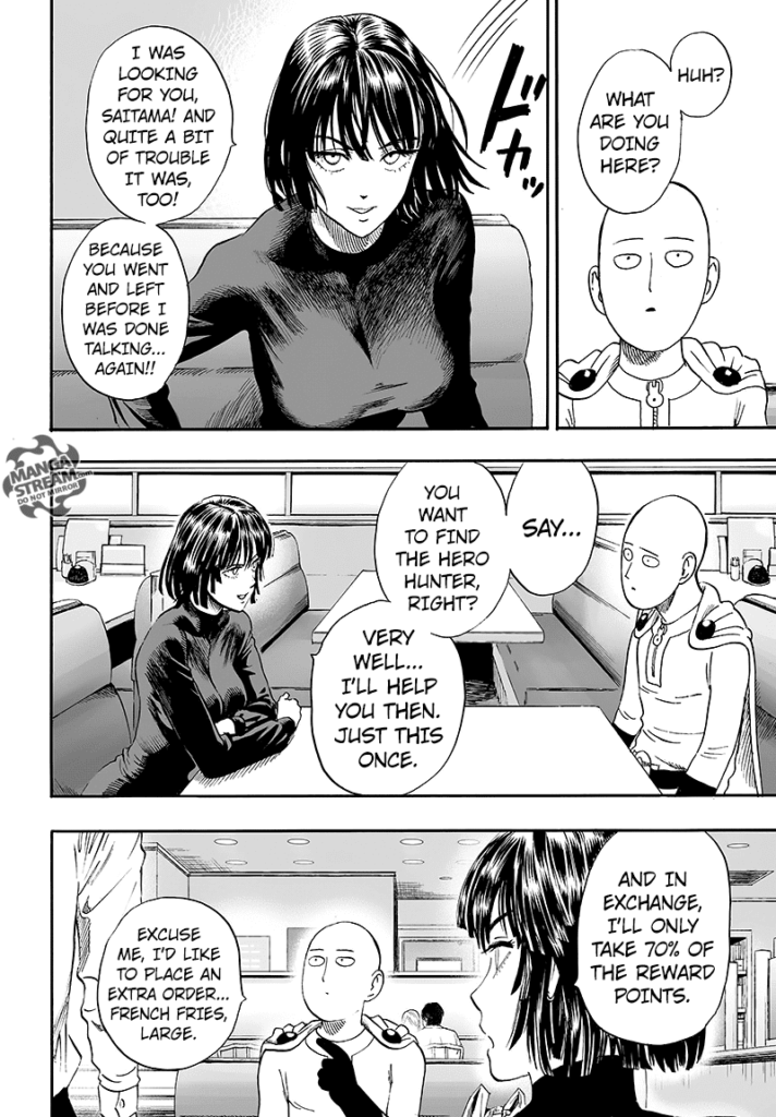 Fubuki sits in front of Saitama, who now takes an extra order of french fries.