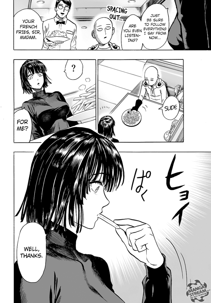 The waiter arrives with their order, and Saitama slides it to Fubuki, who immediately takes a bite.