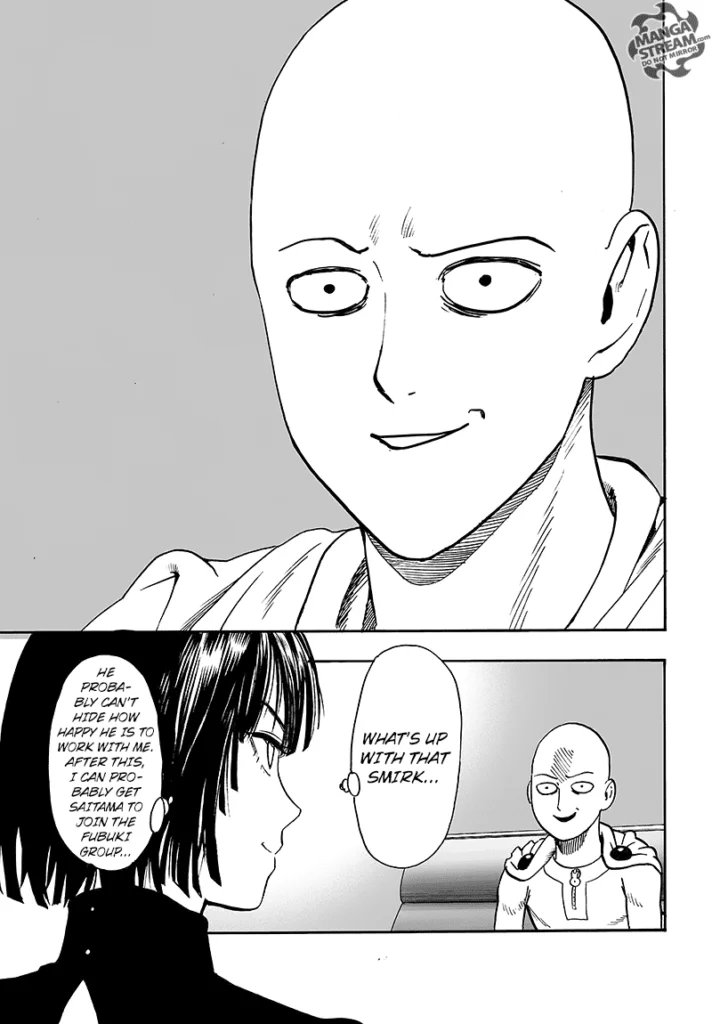 Saitama smirks at Fubuki who thinks he can persuade Saitama to join his group.