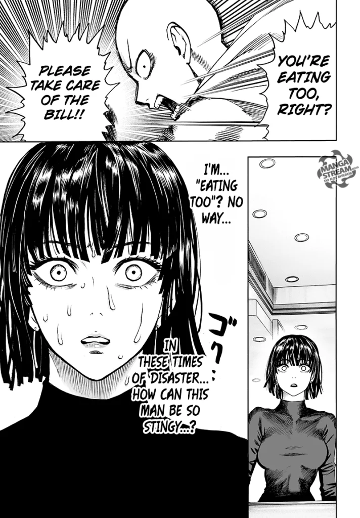 Saitama angrily tells Fubuki, who now looks nervous and sweating, to pay for the restaurant bill.