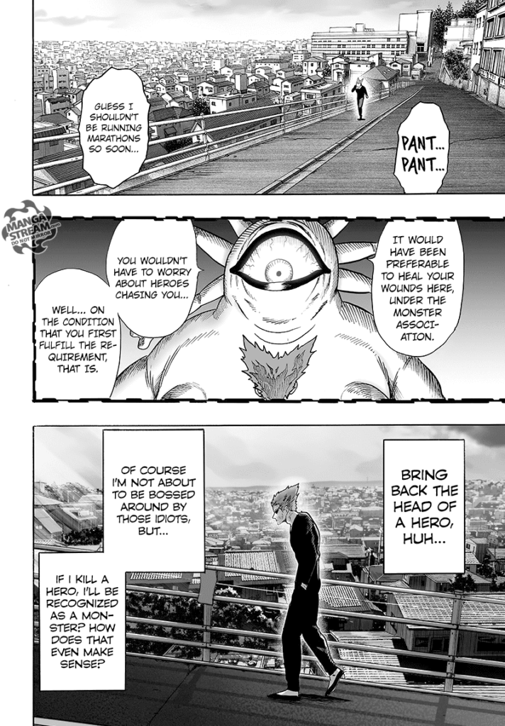 Garou starts walking along the pavement of a street and remembers what told him.