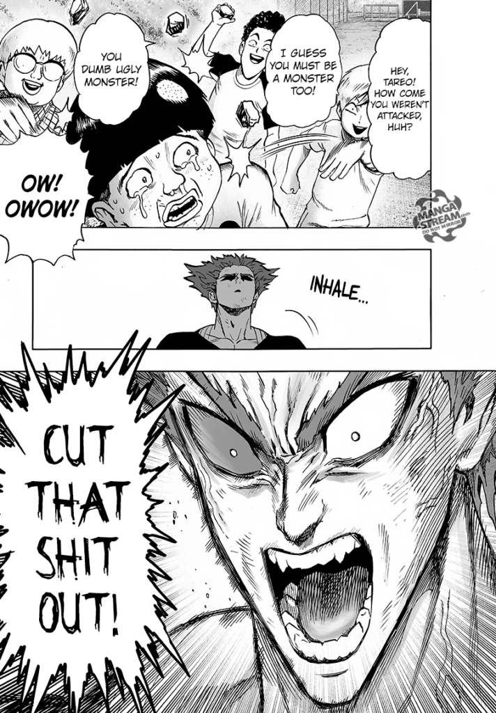 Garou yells at the kid for throwing stones at Tareo.