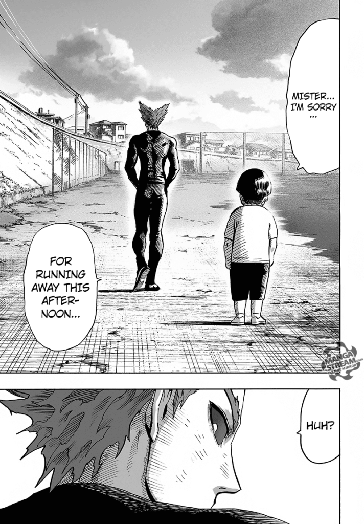 Garou looks back as the kid asks for sorry.