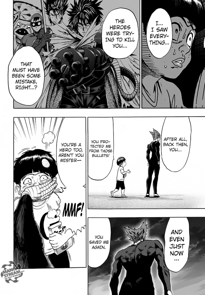 The kid approaches Garou, and he thanks him. Garou covers his mouth.