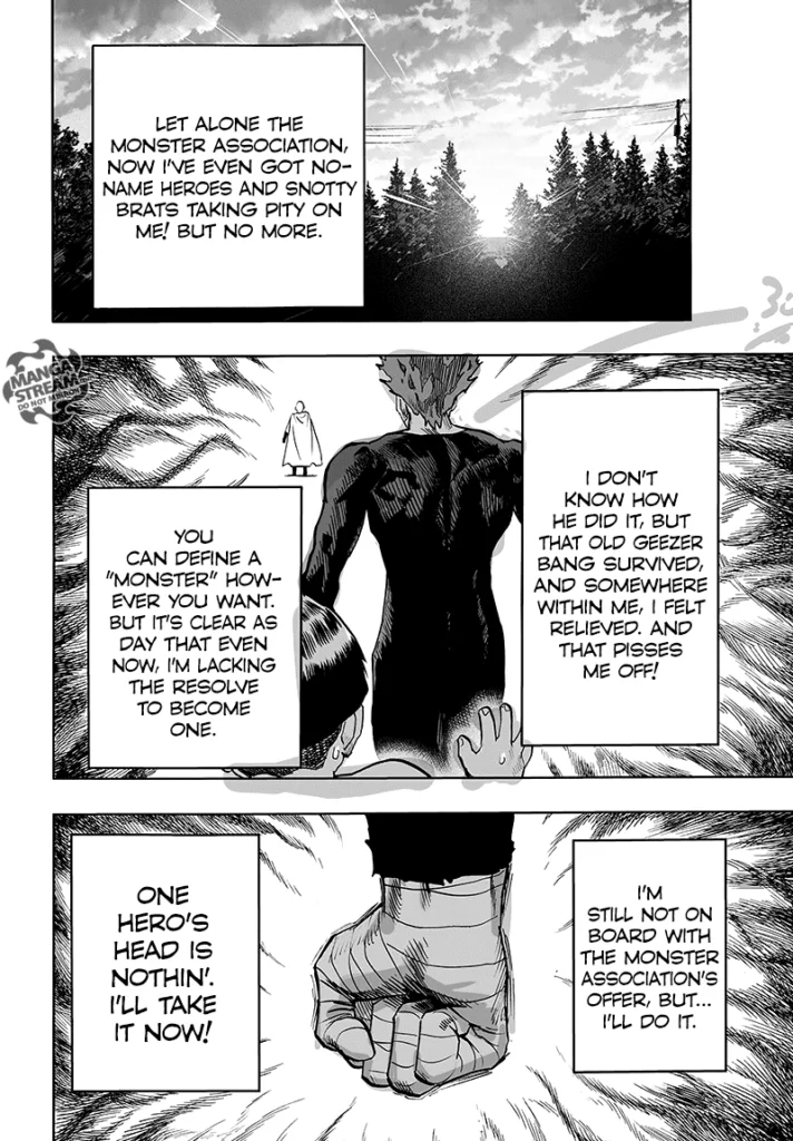 Garou emits an ominous as he plans on taking Saitama's head.