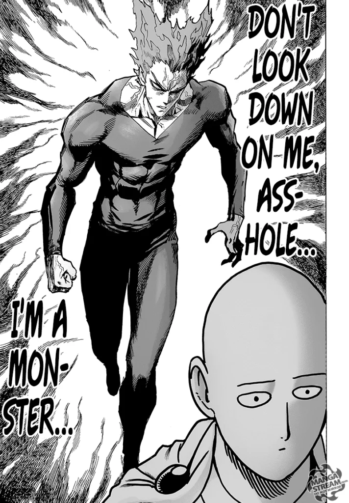 Garou, with his ominous aura, starts approaching Saitama who looks not serious.