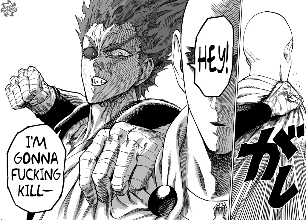 Garou holds Saitama's shoulder and prepares to punch him.