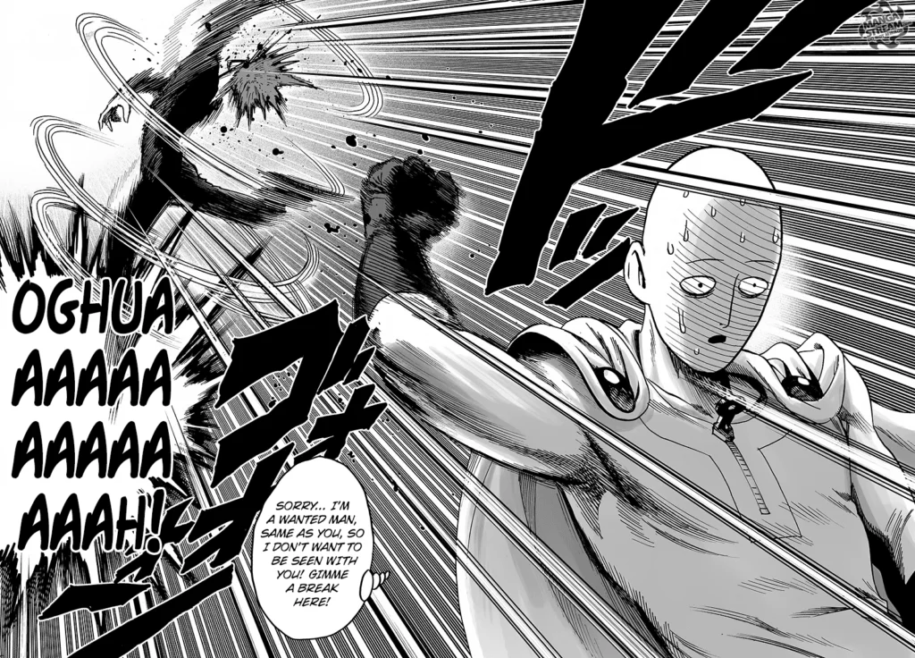 Saitama punches Garou, who now flips while being thrown away by the punch.