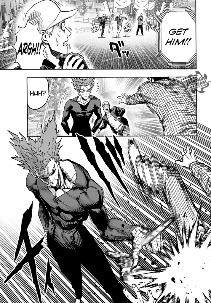 One of the Monster Worshippers attacks a man behind Garou, but Garou flicks him.