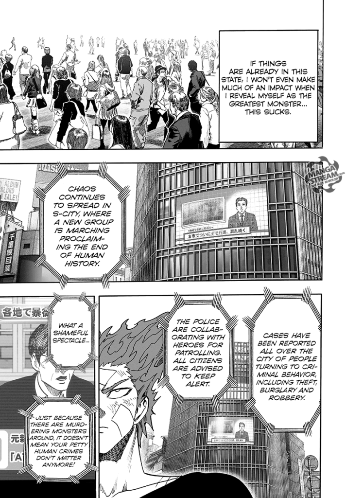 People walk on a busy street as news about crime and monster worshipers spread. garou walks by the buildings.