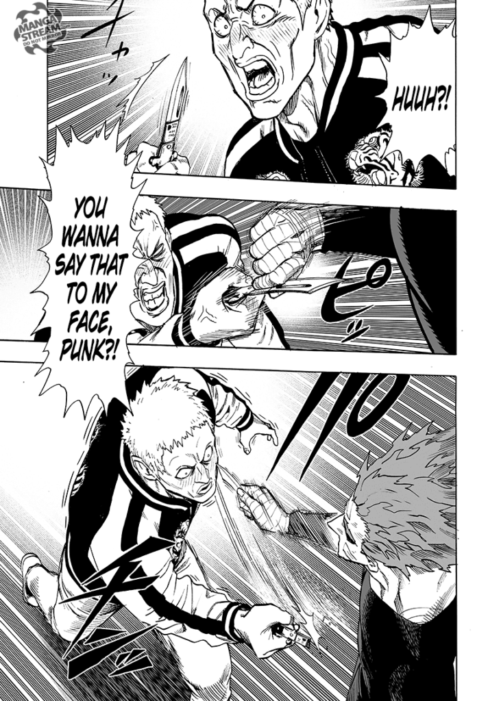 The drunk man pulls out a knife and attacks Garou, but Garou snatches the knife and points it to the drunkard.