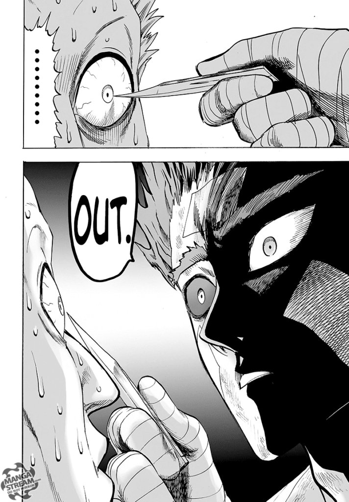 The drunk man sweats nervously as the serious Garou points the knife at his eye.