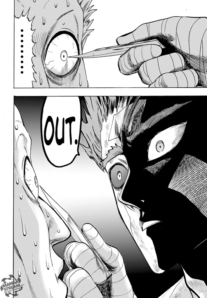 The drunk man sweats nervously as the serious Garou points the knife at his eye.