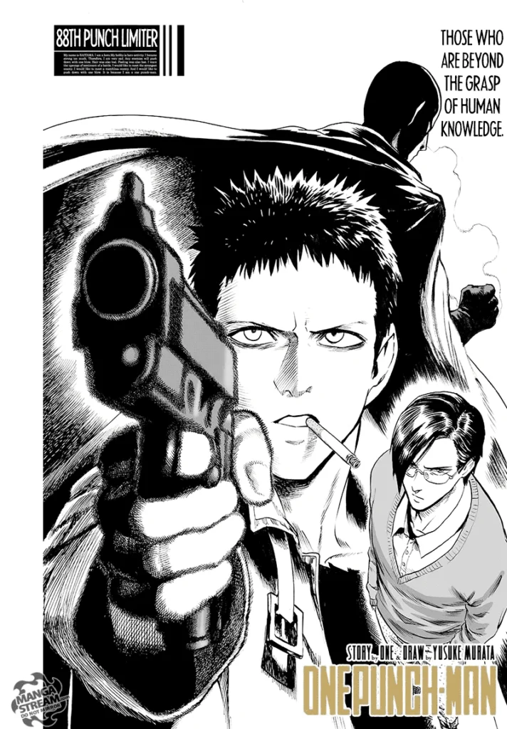 Zombieman aiming a gun. The scientist Dr. Genus with glasses. Saitama is seen from behind with a smoking fist.