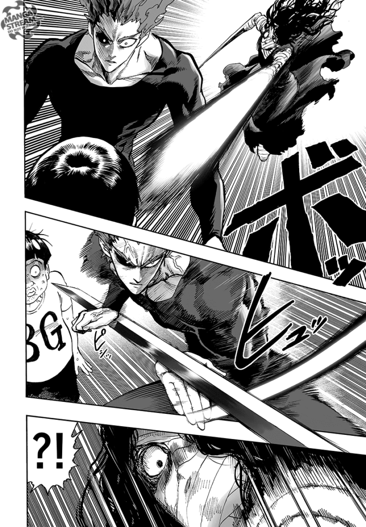 Royal Ripper stabs the kid with his sword, but Garou intercepts it.