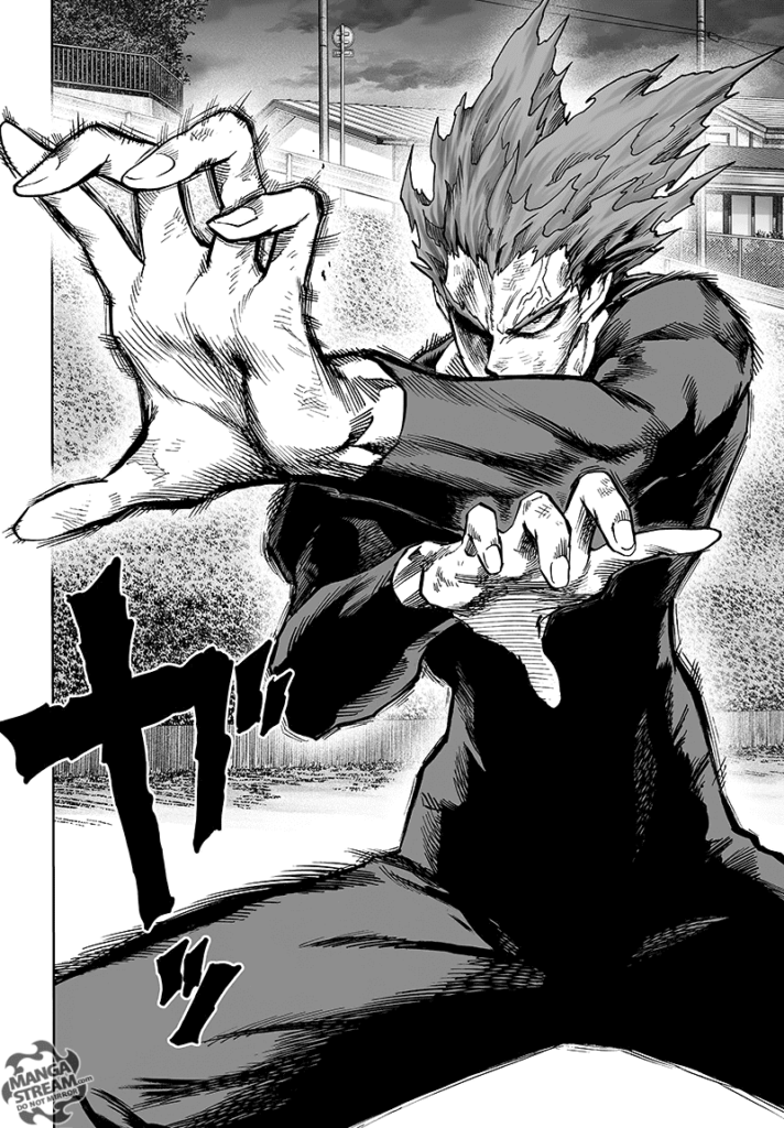 Garou stands in a martial arts pose, preparing for the battle.