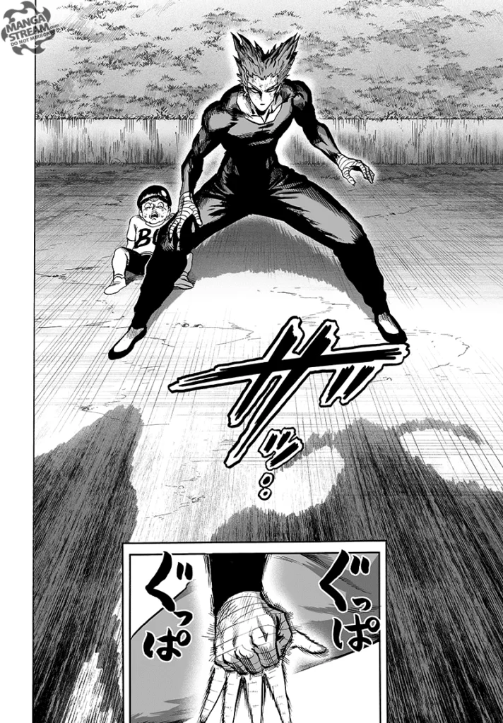 Garou, feet apart and serious, while the scared kid Tareo stands behind him.