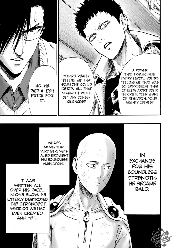 Zombieman asks more about the limiter as Dr. Genus pictures Saitama, who paid the price for it- becoming bald.