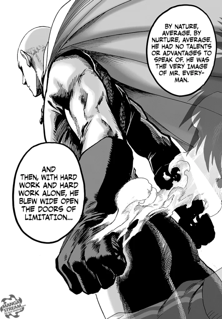 Saitama is standing wearing his costume while his fist is smoking.