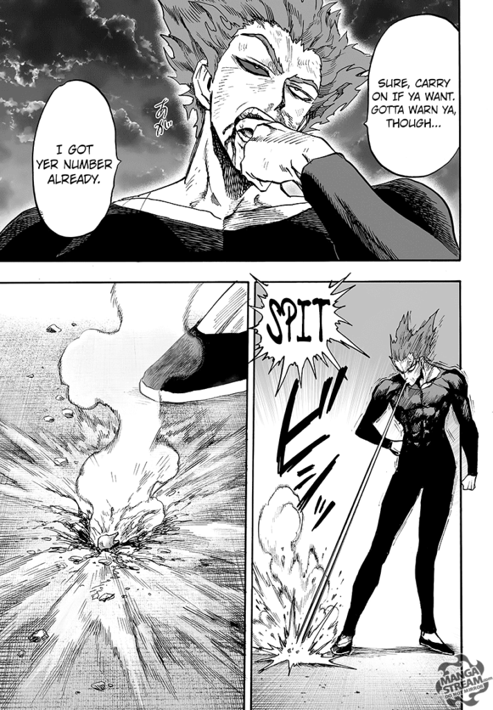 Garou spits his broken tooth to the ground, and the ground gets destroyed.