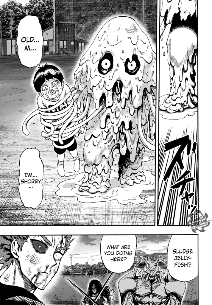 The monster Sludge Jellyfish holds the crying kid Tareo using one of its tentacles.