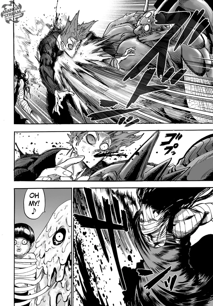 Bug God punches Garou while Royal Ripper slashes him more. Garou coughs blood.