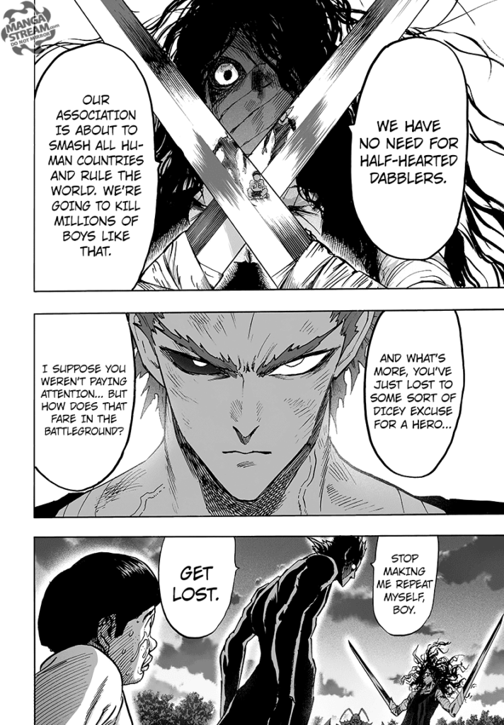 Royal Ripper crosses his swords before him while Garou tells the kid to run.