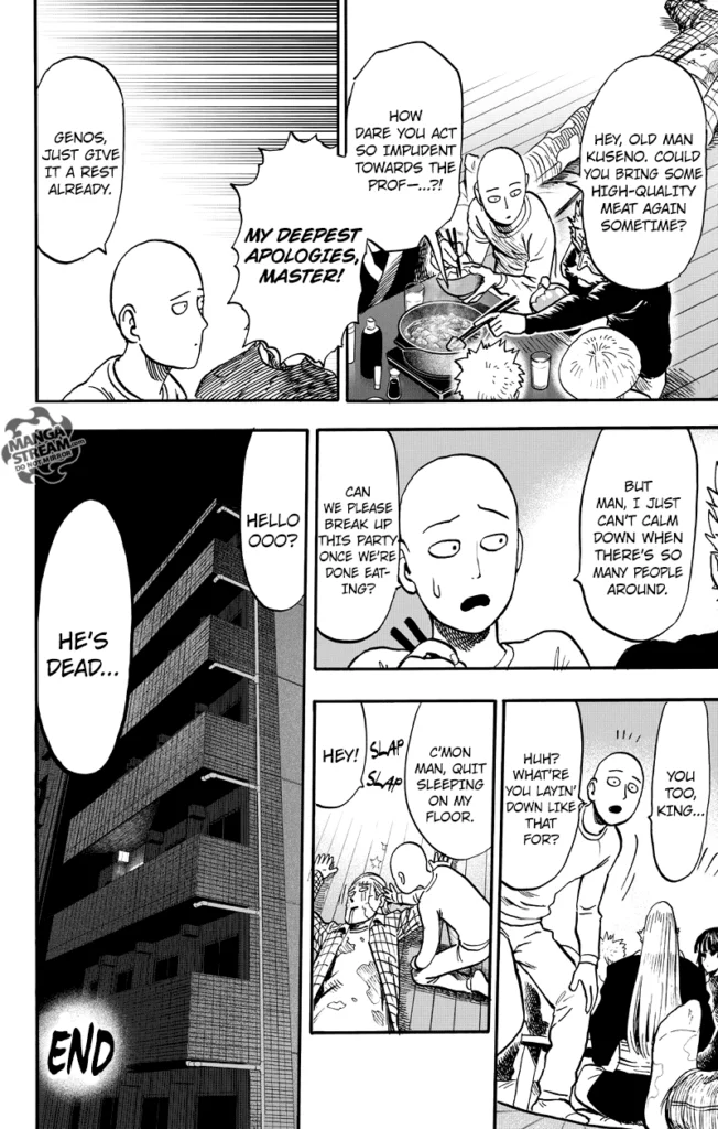 Saitama asks Dr. Kuseno to bring more quality meat. He also sees King sleeping on the floor, drooling.