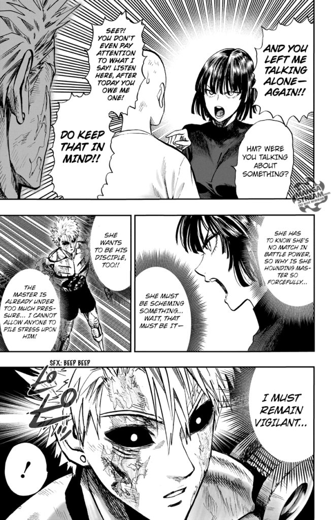 Genos analyzes the scene and watches Fubuki getting mad at Saitama.