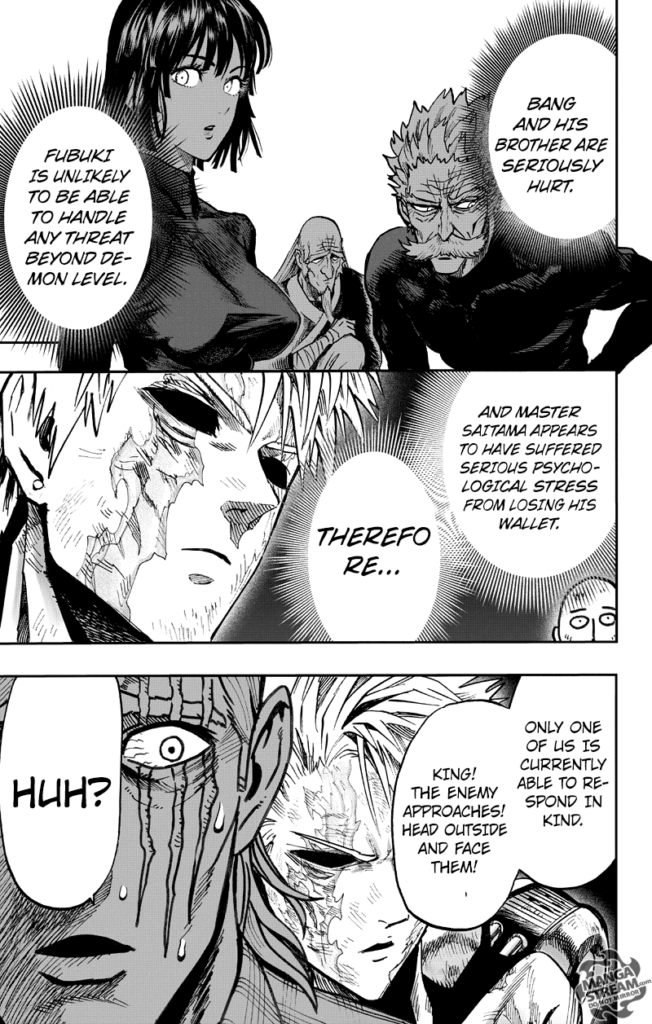 Genos analyzes the situation and their battle capability. He asks King to face the threat outside.