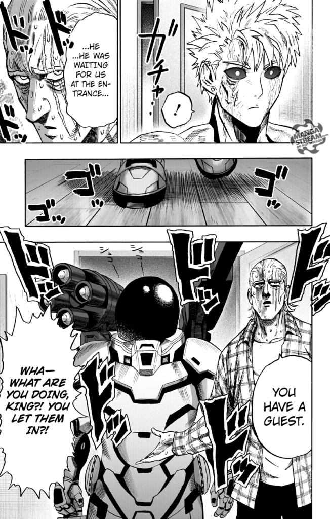 King comes back with a robot cyborg looking for Genos.