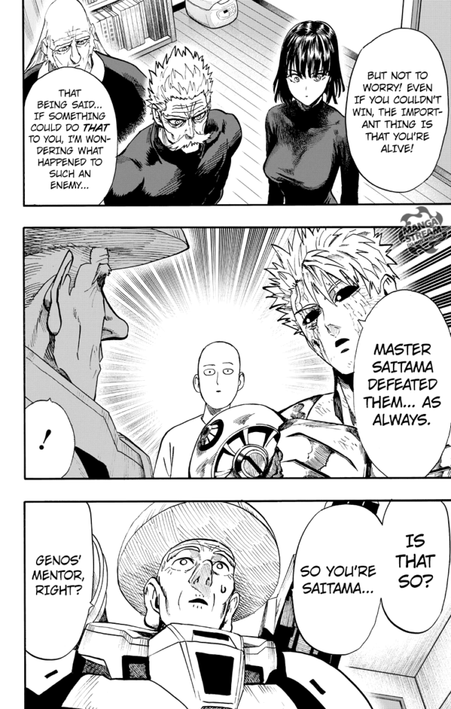 Fubuki, Bang, and Bomb listen to the conversation as Genos introduces Dr. Kuseno to his sensei, Saitama.