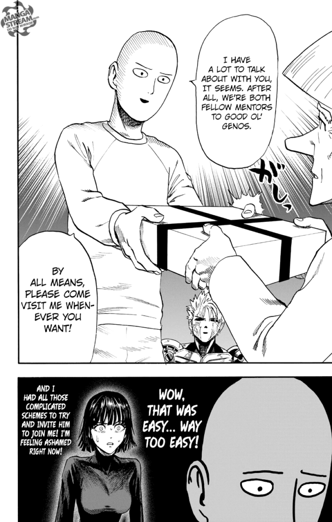 Saitama suddenly became super friendly to Dr. Kuseno while receiving his gift. Fubuki looks ashamed at the back.